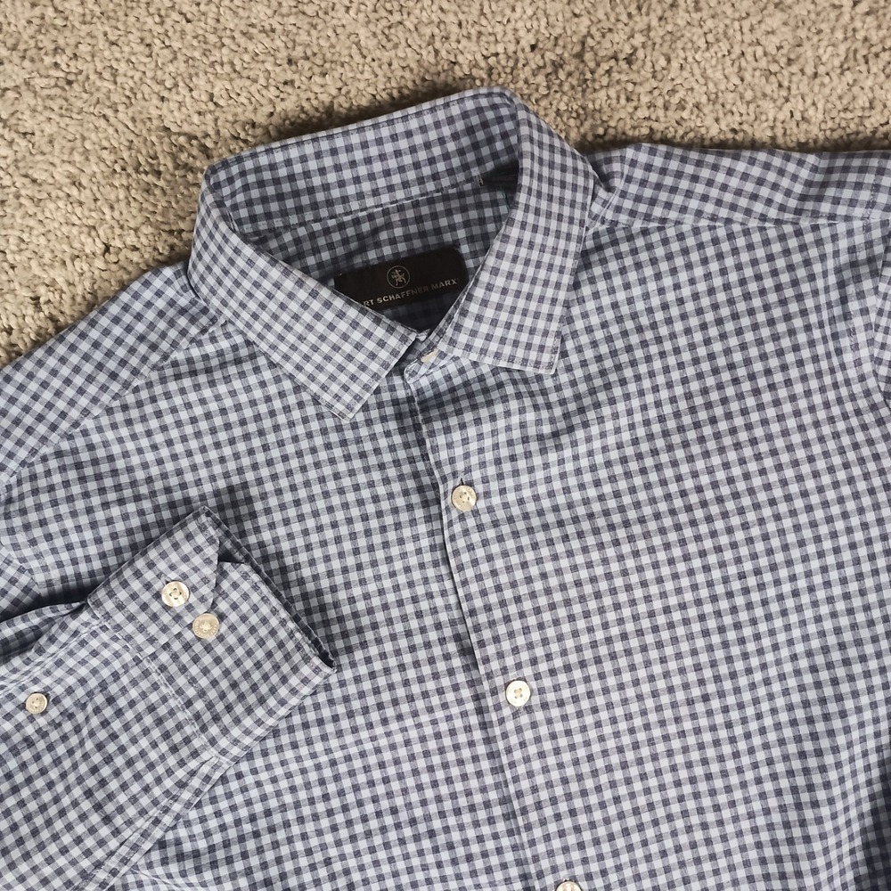 Hart Schaffner Marx M Mens Blue Gingham Check Long Sleeve Button Down Shirt